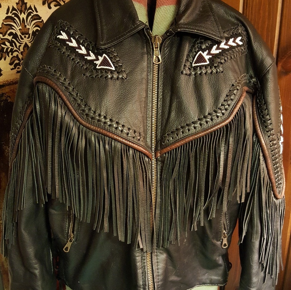VINTAGE BEADED/FRING LEATHER JACKET